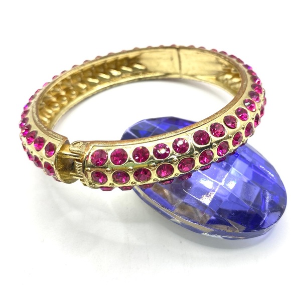 Pink Rhinestones Gold Clamper Style Bangle Bracelet - Picture 6 of 7